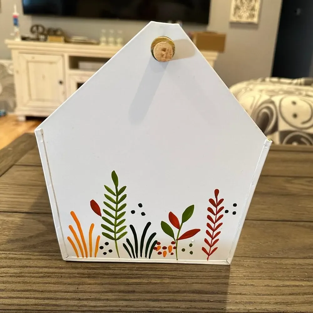 White Hand Painted Floral Metal Caddie With Wooden Handle